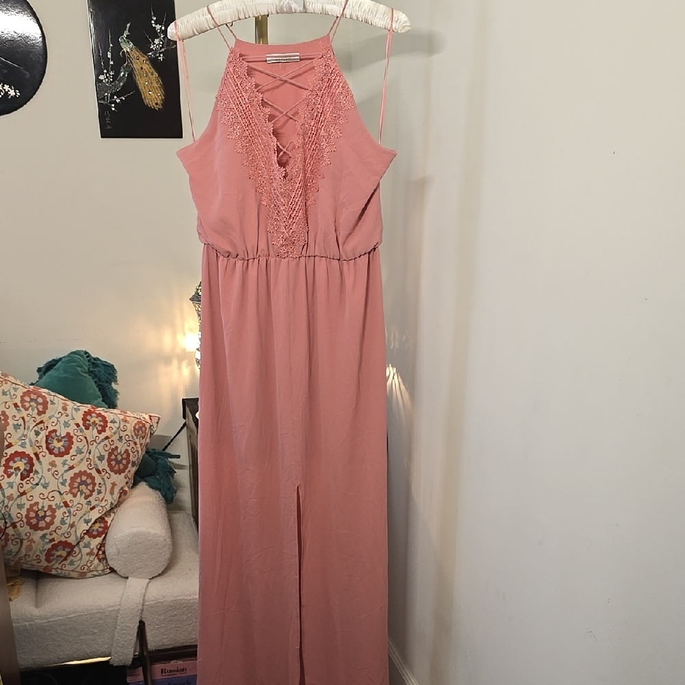 Wayf Front Split Hem Maxi Halter With Laced Bodice In Rose